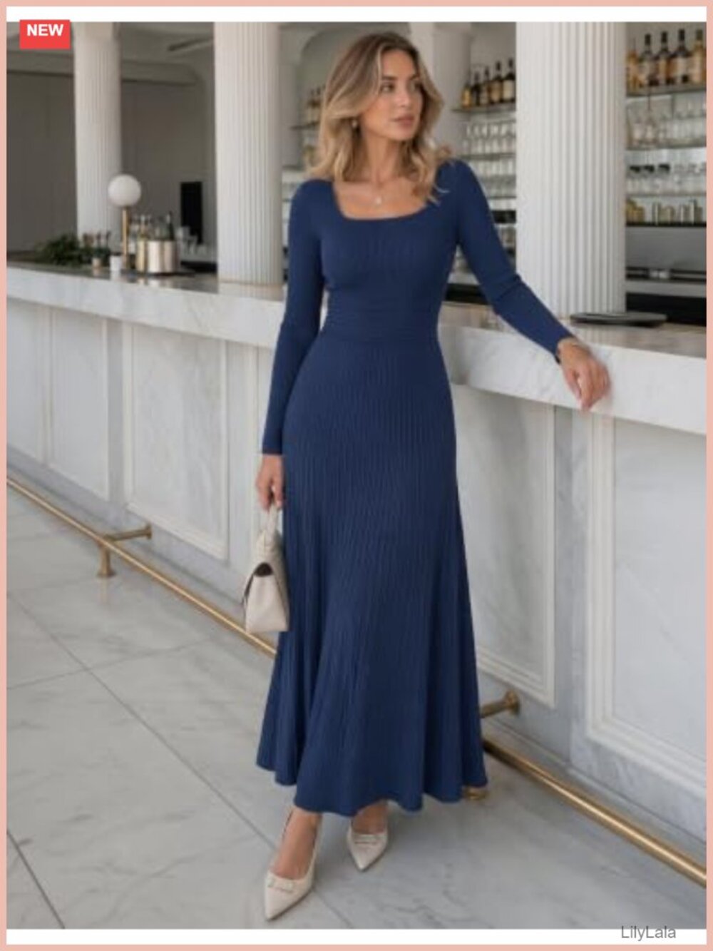 MEROKEETY Women's Sweater Dress Long Sleeve Square Neck Midi A-Line - Picture 4 of 6